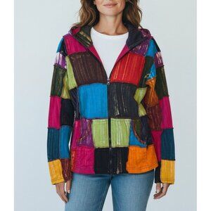 Patchwork Multicolor Hoodie Jacket With Zipper & Pockets - Size L The Collection